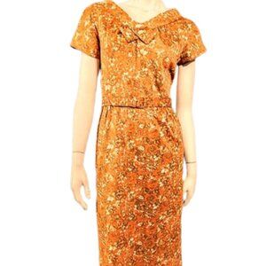 1950s Coral Orange Floral Print Vintage Slim Fitting Wiggle Pencil Dress